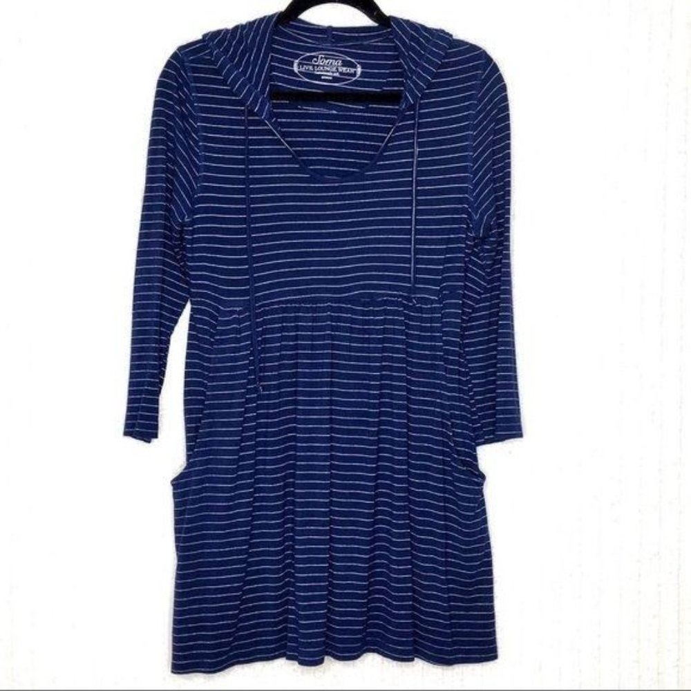 Soma Navy Silver Striped Knit Hoodie Tunic Dress M